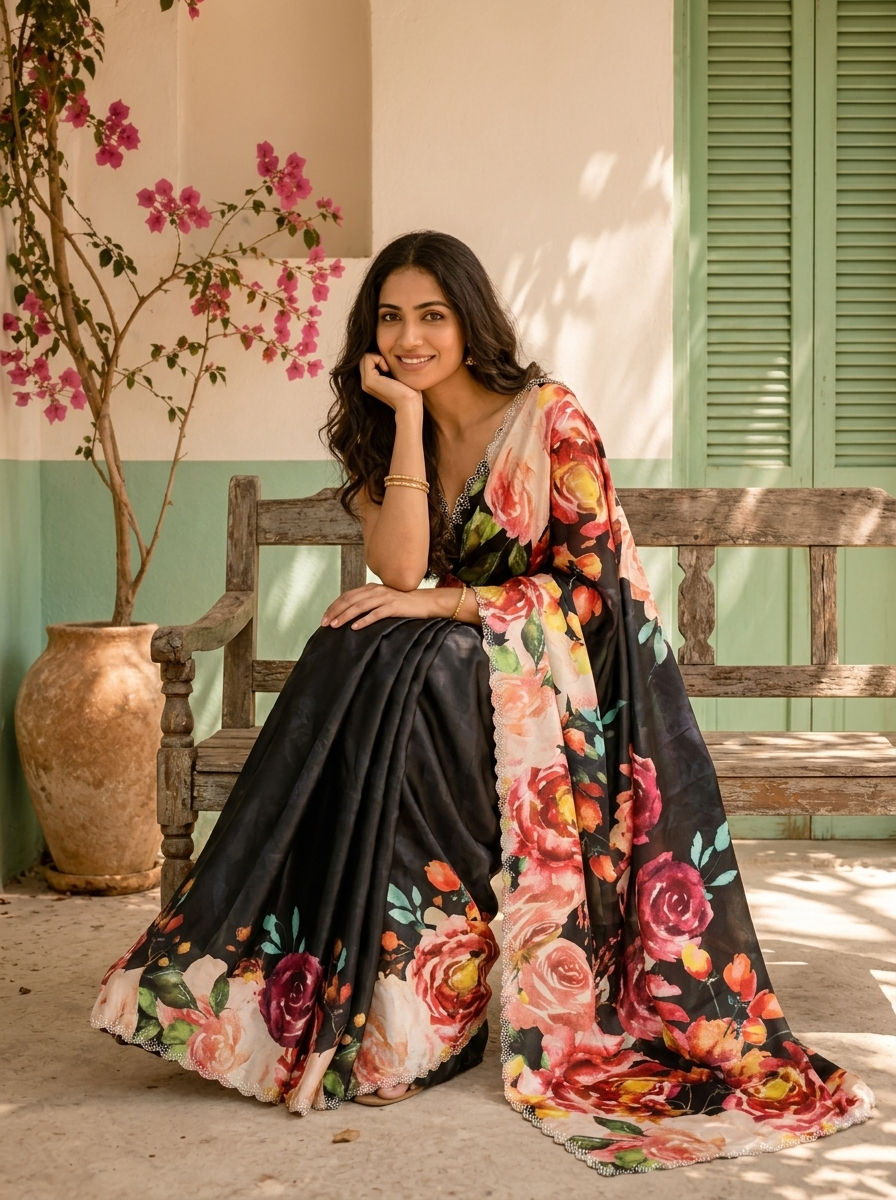 Black Satin Digital Watercolor Floral Printed Saree
