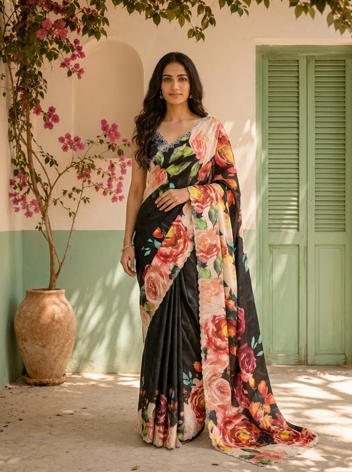 Black Satin Digital Watercolor Floral Printed Saree