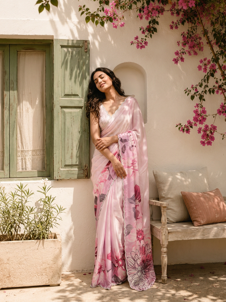 Pink Satin Large Digital Floral Printed Saree