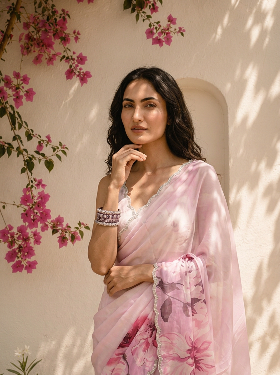 Pink Satin Large Digital Floral Printed Saree