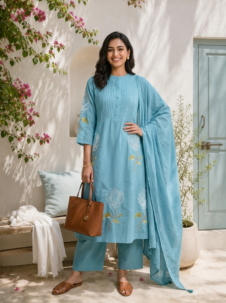 Teal Cotton Rose Embroidered Three Piece Set