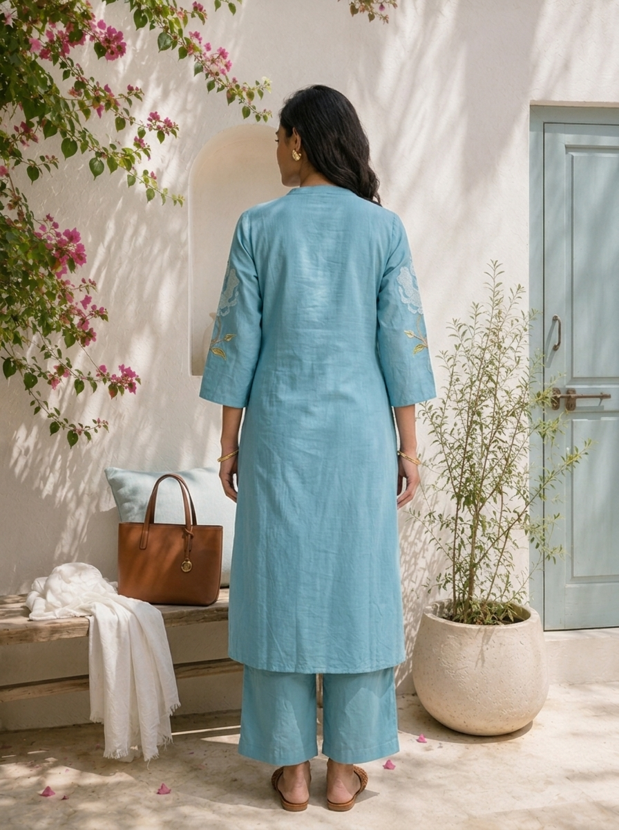 Teal Cotton Rose Embroidered Three Piece Set