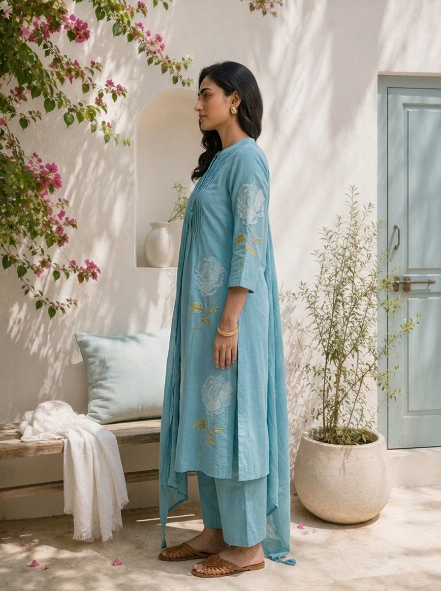 Teal Cotton Rose Embroidered Three Piece Set