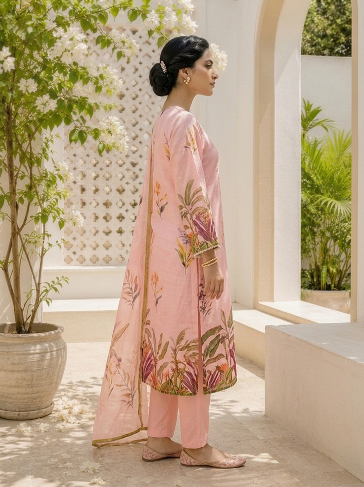 Baby Pink Linen Botanical Printed Three Piece Set