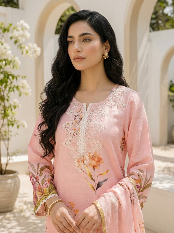 Baby Pink Linen Botanical Printed Three Piece Set