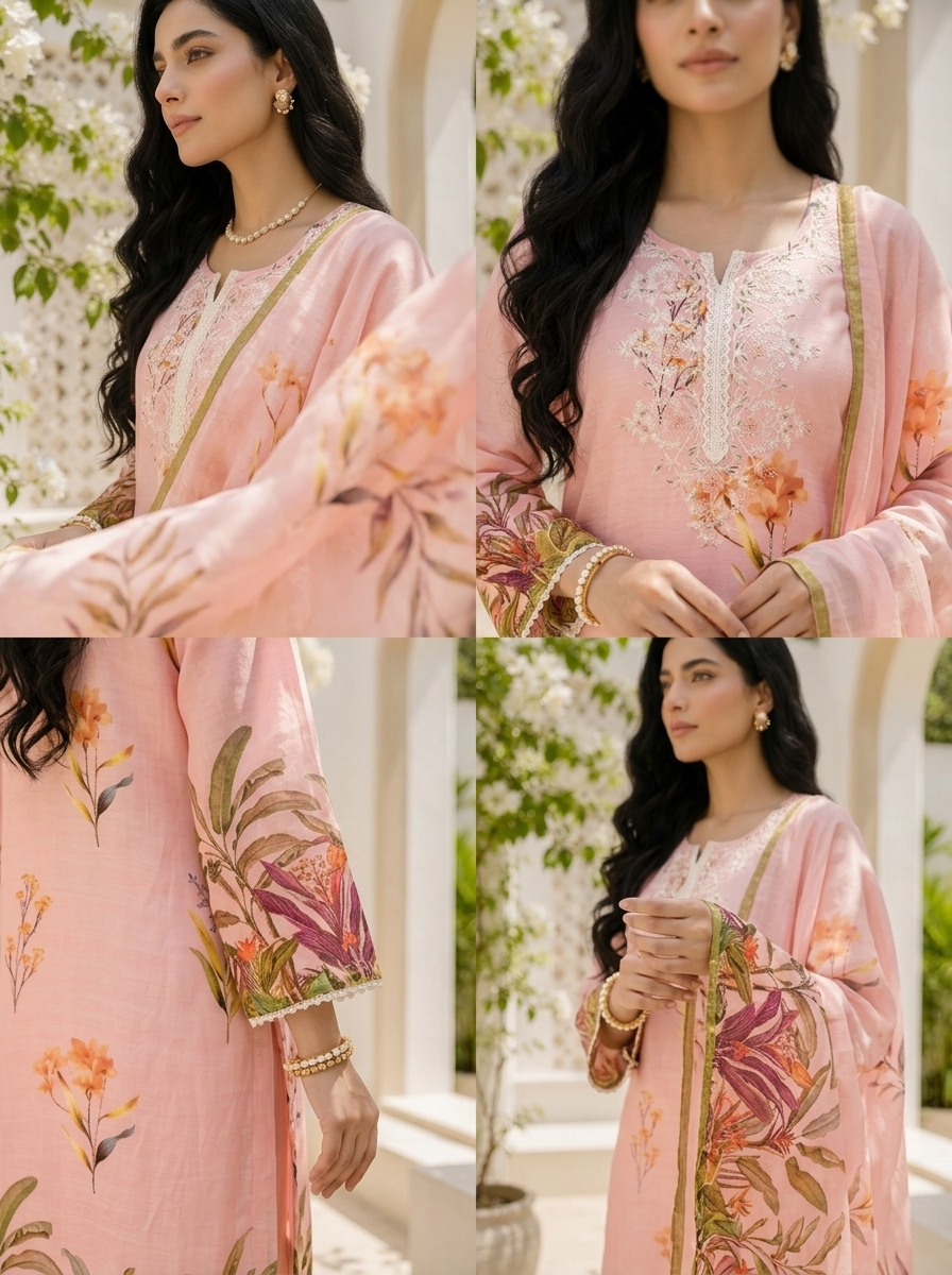 Baby Pink Linen Botanical Printed Three Piece Set