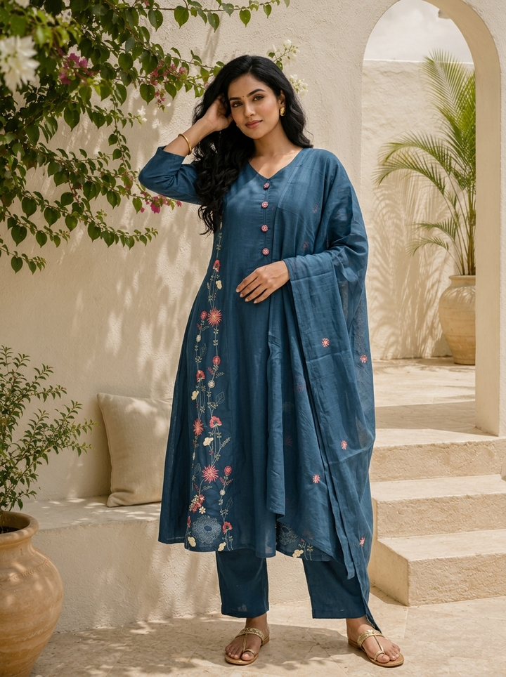 Teal Cotton Side Panel Floral Vine Embroidered Three Piece Set