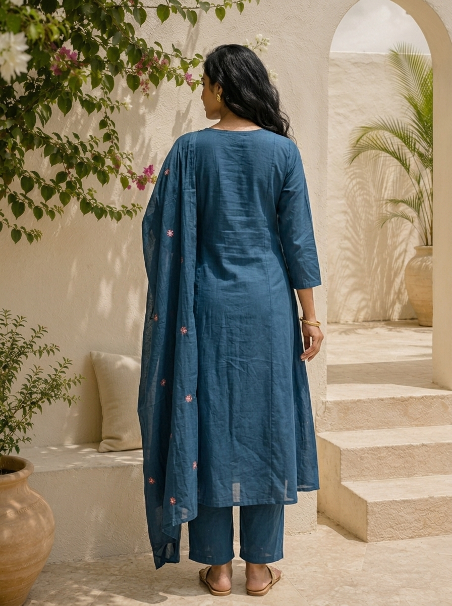 Teal Cotton Side Panel Floral Vine Embroidered Three Piece Set