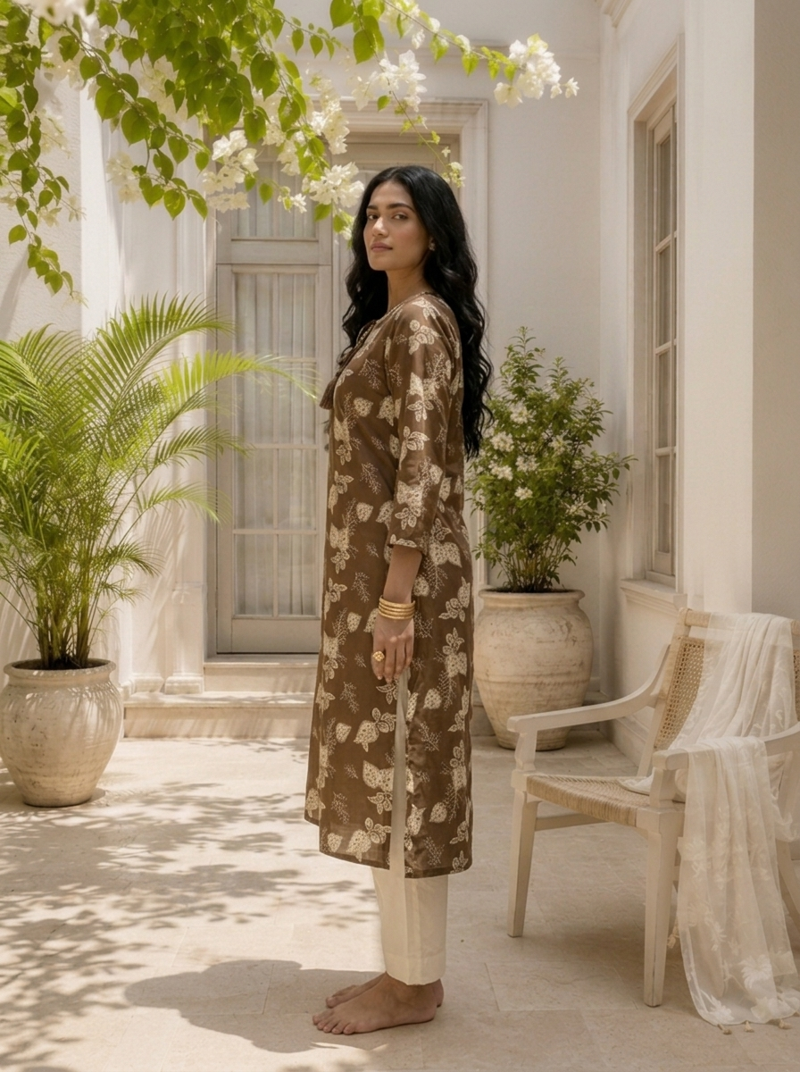 Brown Cotton Botanical Leaf Block Printed Kurta