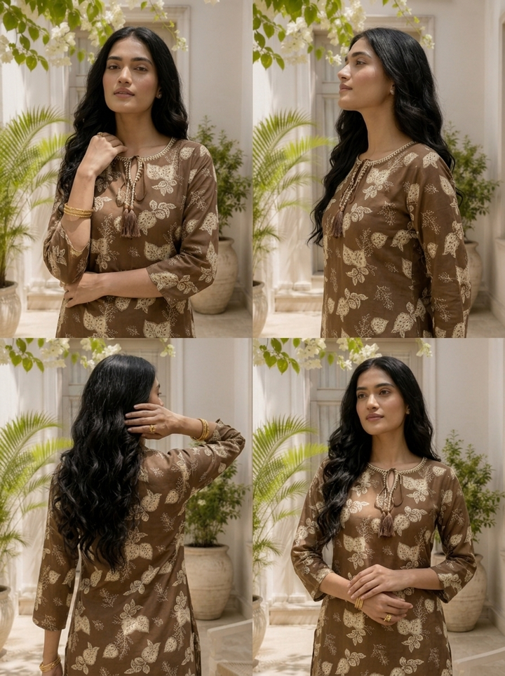 Brown Cotton Botanical Leaf Block Printed Kurta