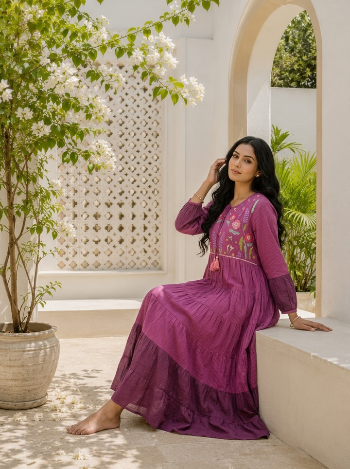 Wine Cotton Floral Thread Embroidered Dress