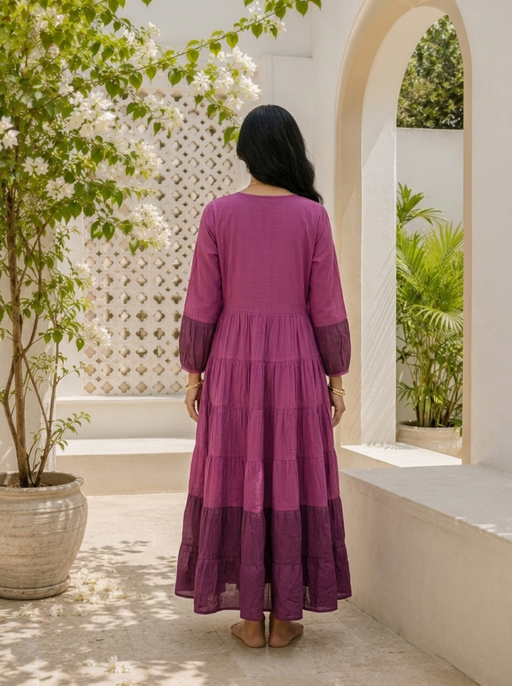 Wine Cotton Floral Thread Embroidered Dress