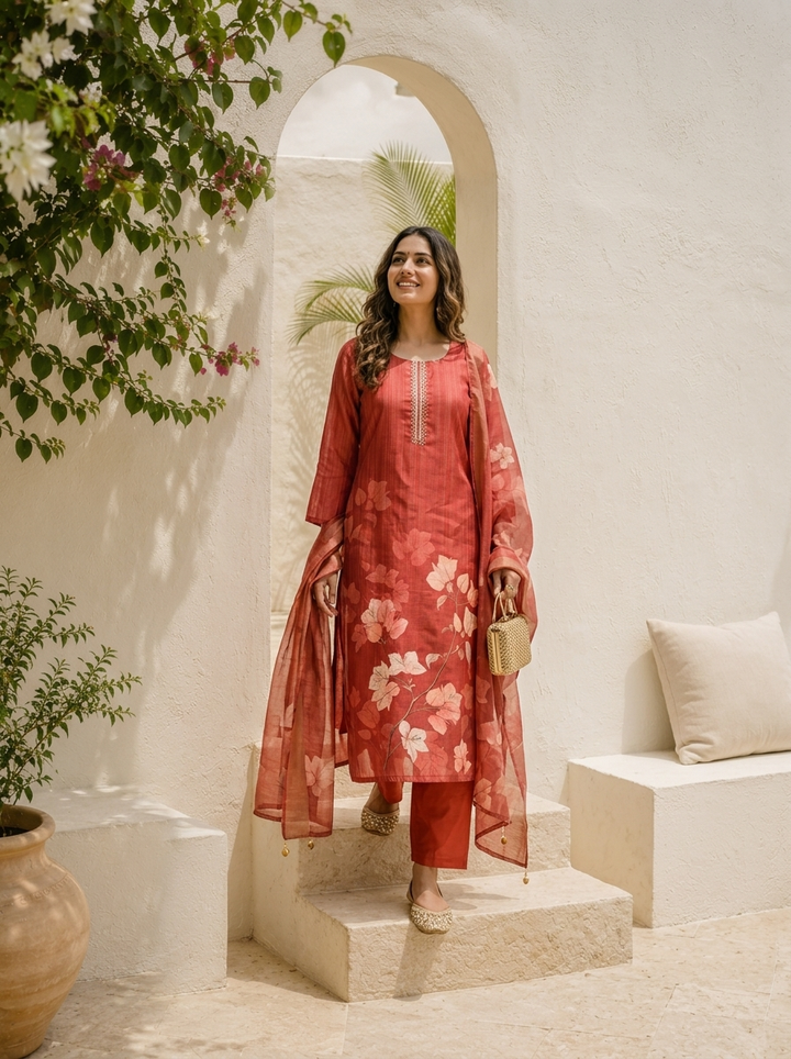 Rust Tissue Digital Floral Printed Three Piece Set