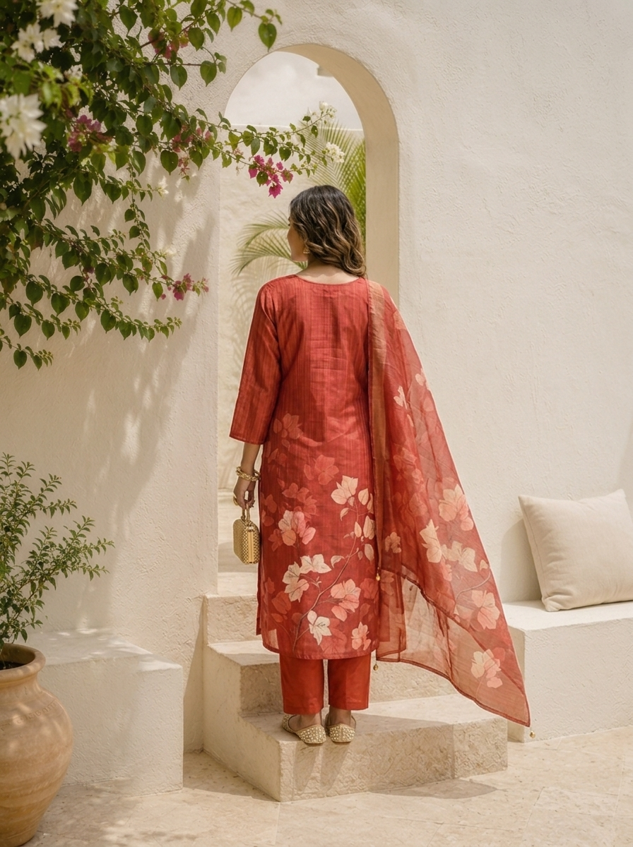 Rust Tissue Digital Floral Printed Three Piece Set