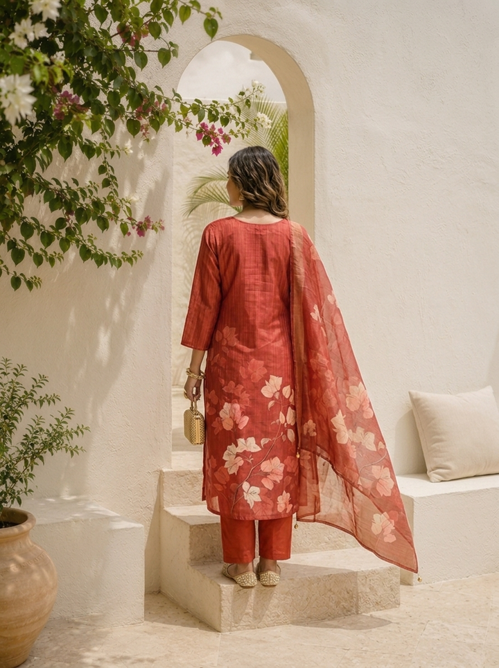 Rust Tissue Digital Floral Printed Three Piece Set