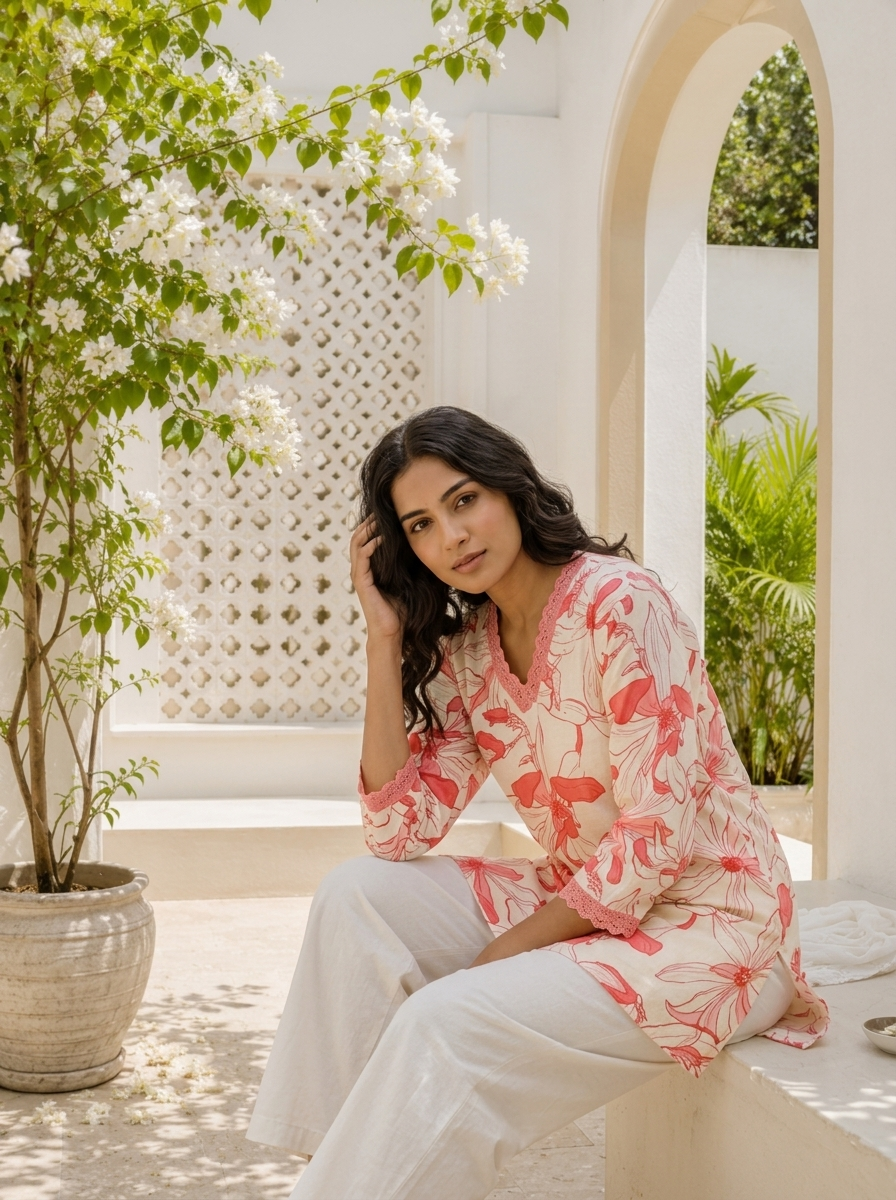 Coral Cotton Lily Floral Printed Kurta