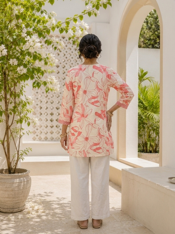 Coral Cotton Lily Floral Printed Kurta