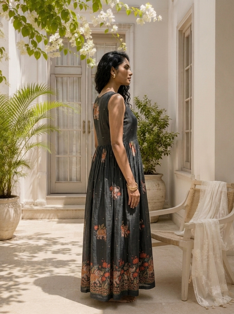 Graphit Silk Elephant Kalamkari Motif Printed Long Dress