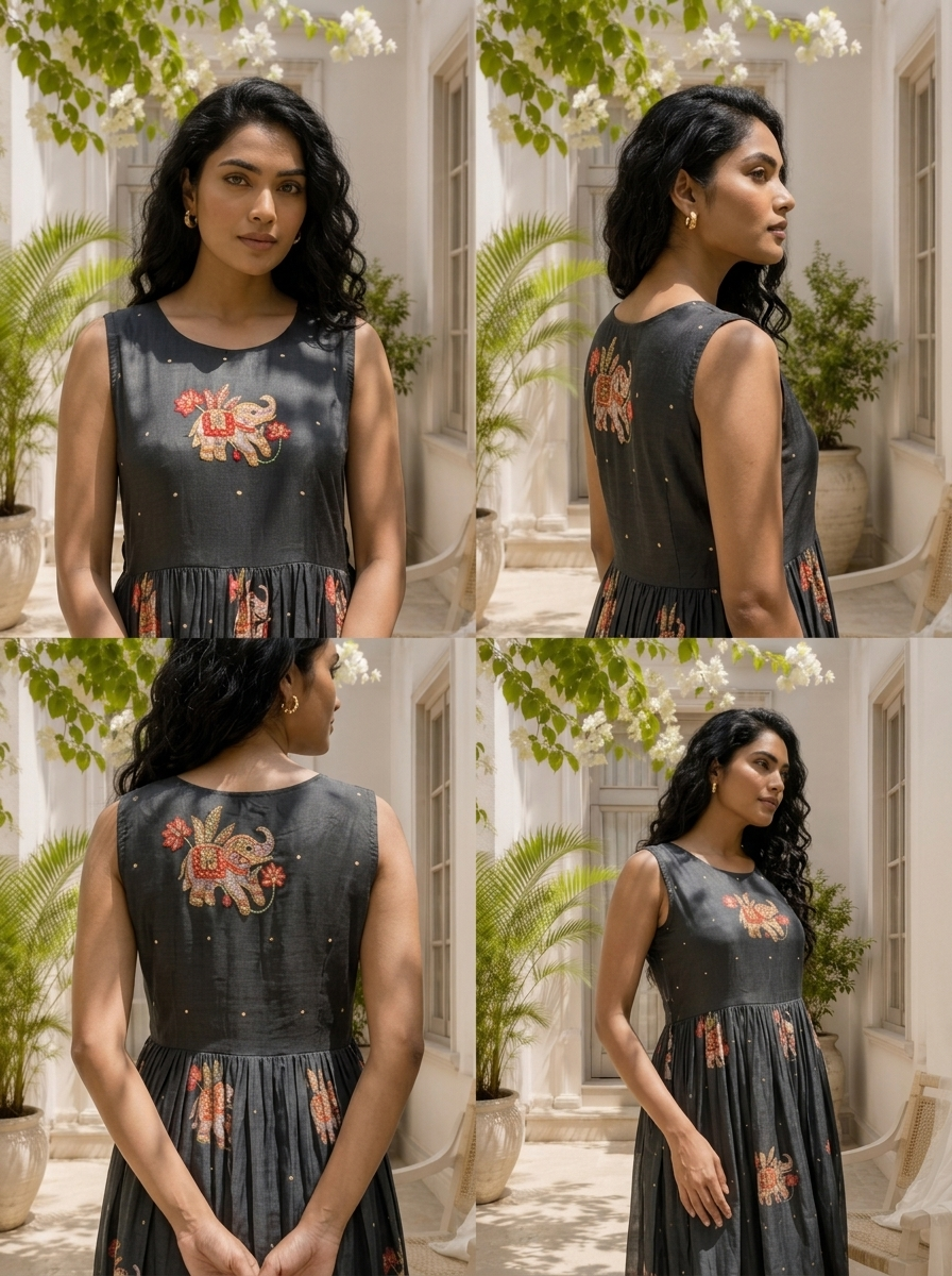 Graphit Silk Elephant Kalamkari Motif Printed Long Dress