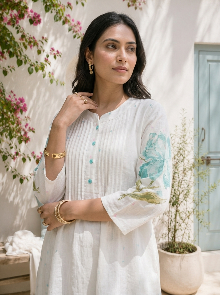 Sea Green Cotton Floral Motifs With Tiny Pastel Buti Printed Two Piece Set