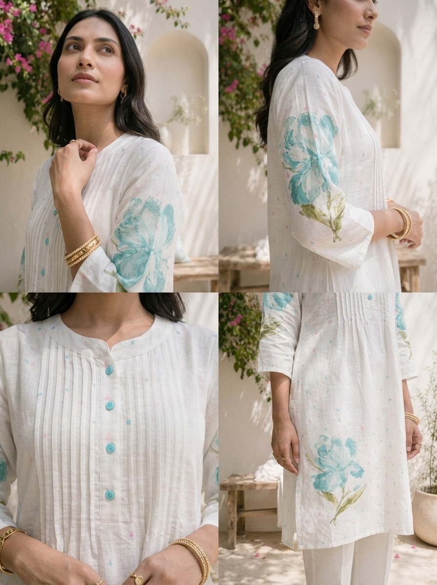 Sea Green Cotton Floral Motifs With Tiny Pastel Buti Printed Two Piece Set