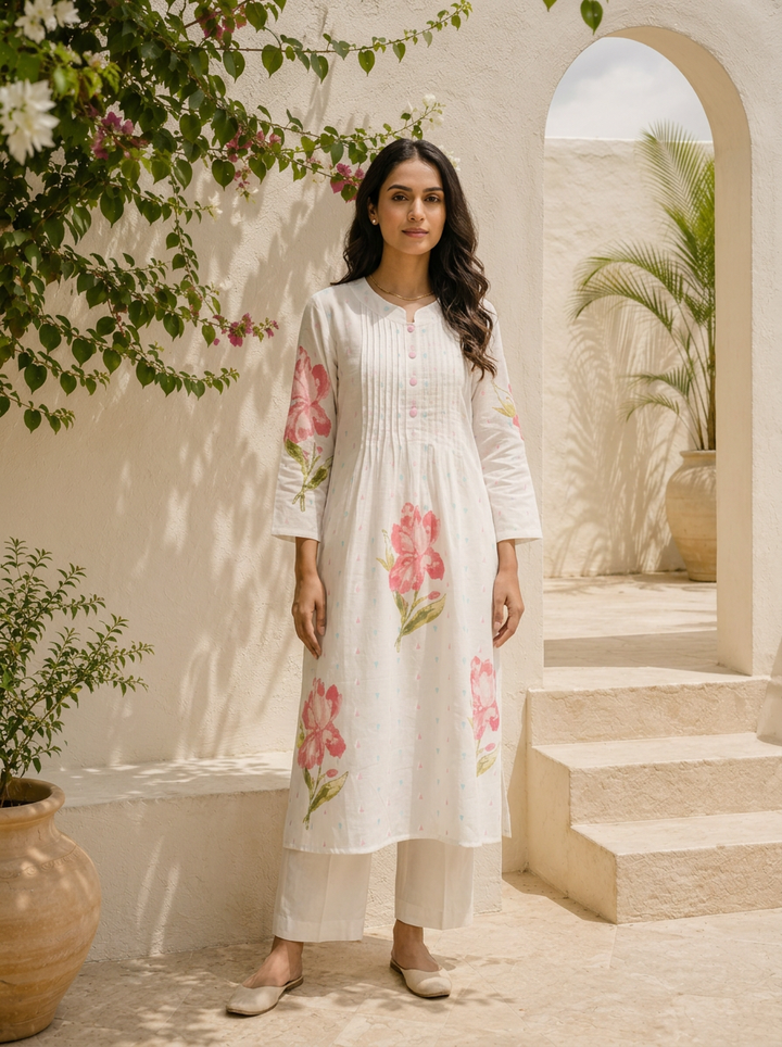 Baby Pink Cotton Floral Motifs With Tiny Pastel Buti Printed Two Piece Set