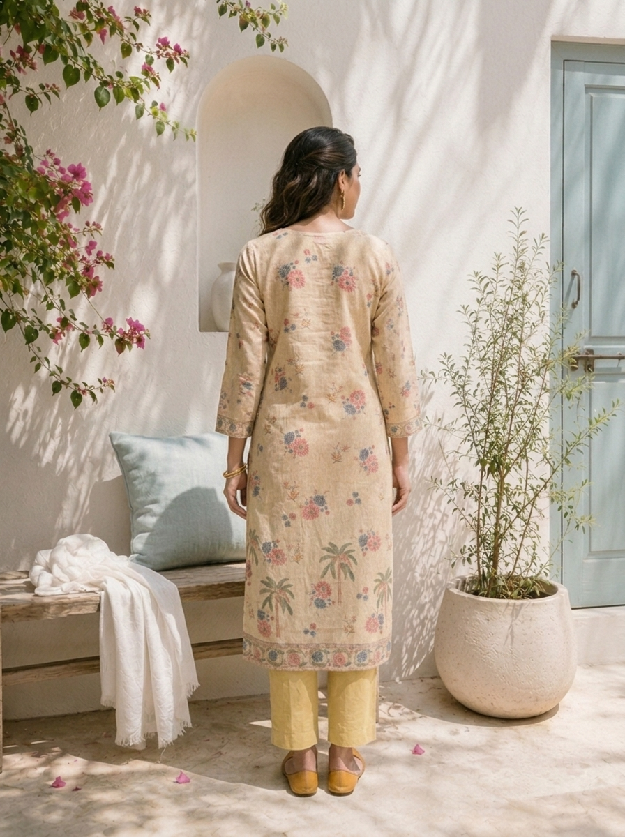Beige Linen Floral And Palm Tree Printed Two Piece Set