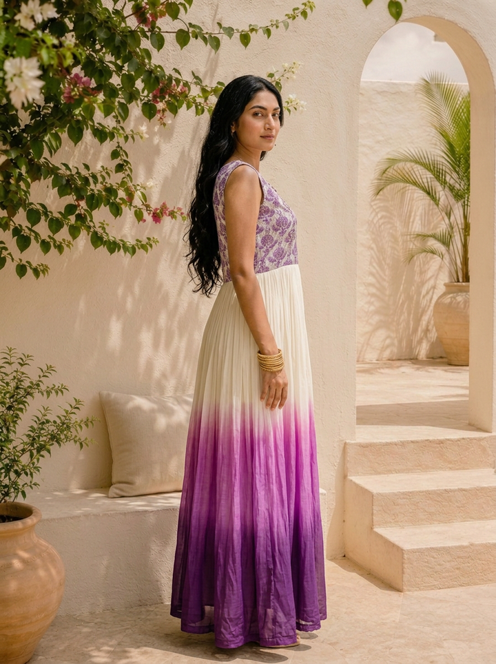 Purple Georgette Ombre Dyed Printed Long Dress