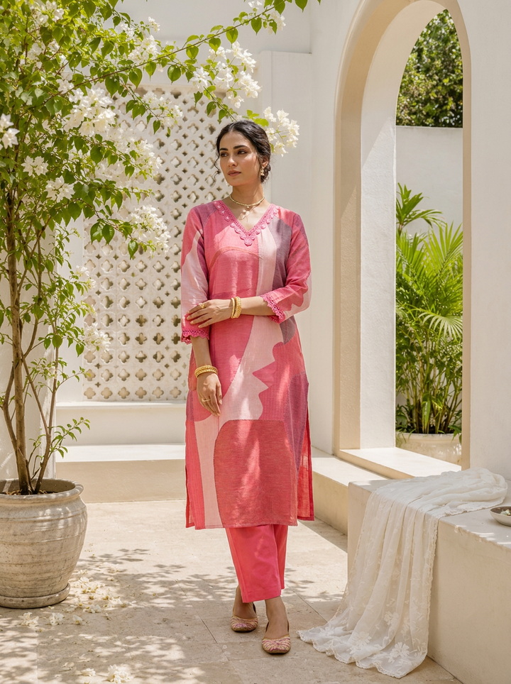 Pink Linen Abstract Face Art Printed Two Piece Set