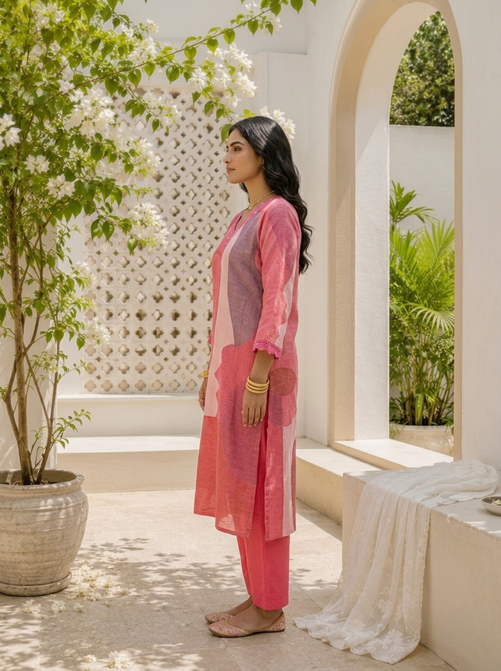 Pink Linen Abstract Face Art Printed Two Piece Set