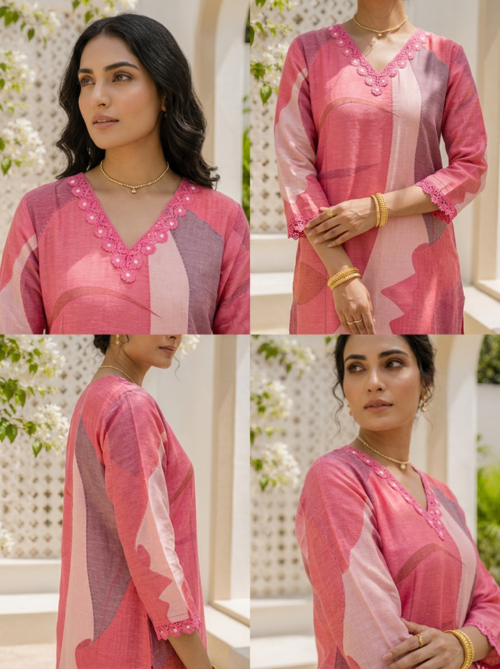Pink Linen Abstract Face Art Printed Two Piece Set