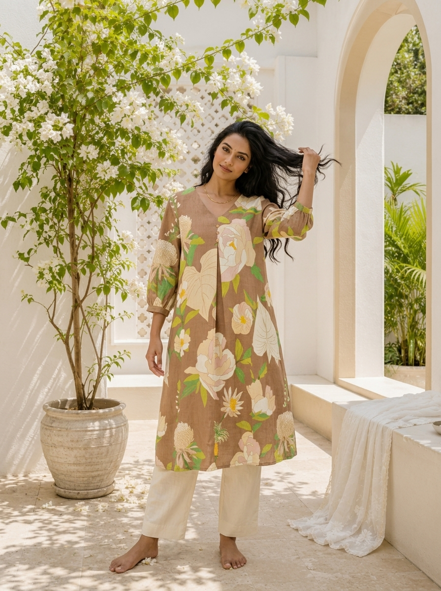 Brown Cotton Botanical Floral Printed Kurta