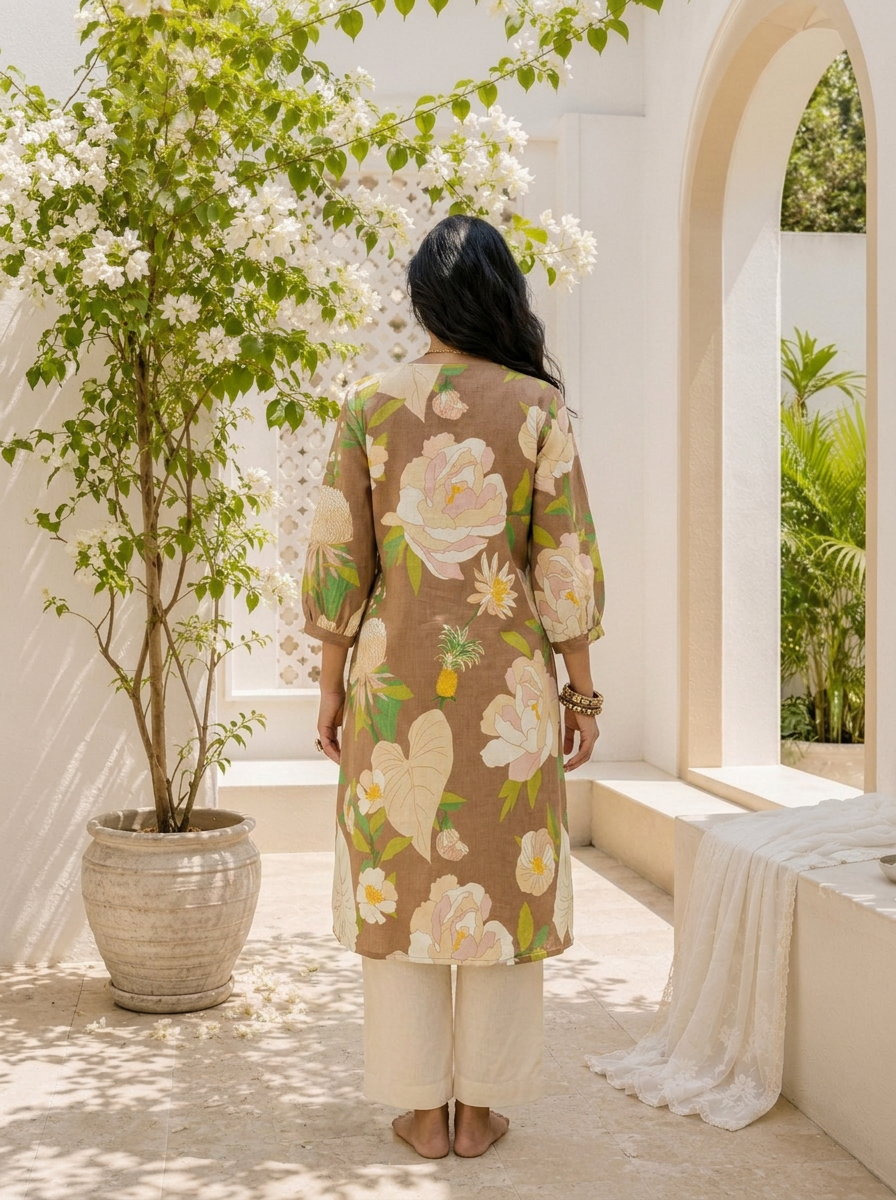 Brown Cotton Botanical Floral Printed Kurta
