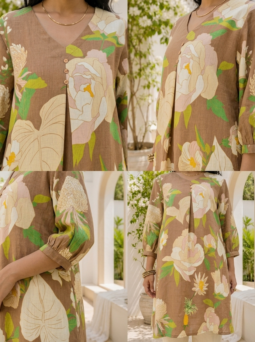 Brown Cotton Botanical Floral Printed Kurta
