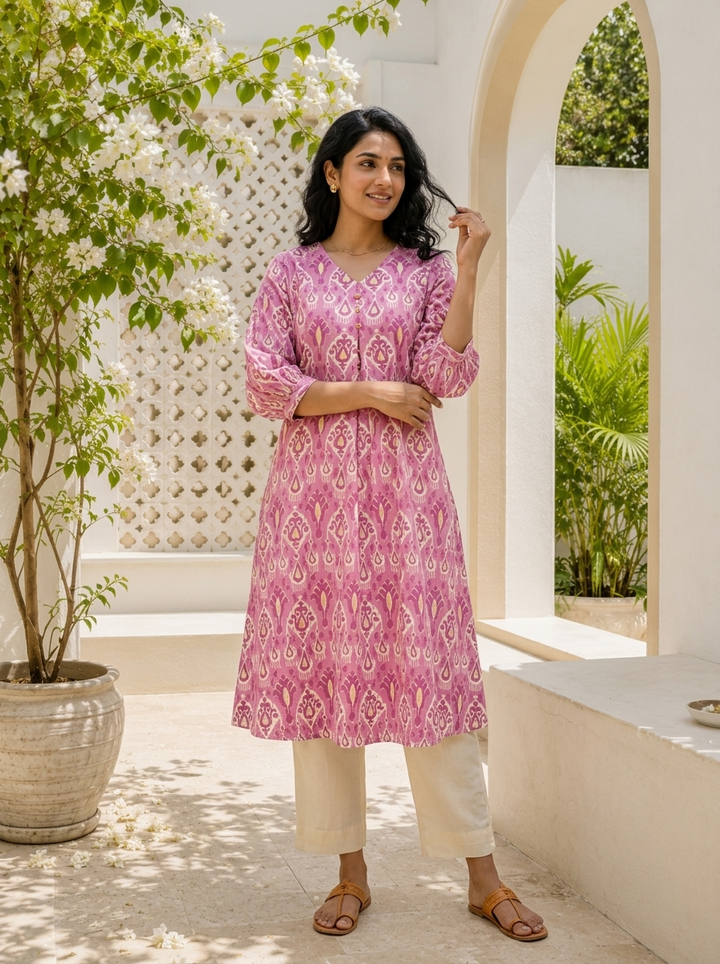 Purple Cotton Ikat Jaal Printed Kurta