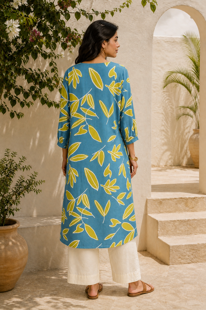 Teal Cotton Leaf Digital Printed Kurta