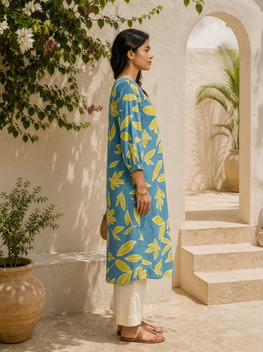 Teal Cotton Leaf Digital Printed Kurta