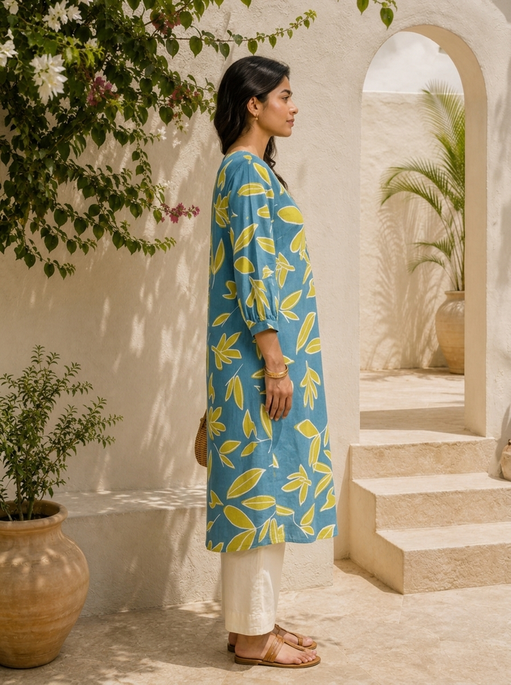 Teal Cotton Leaf Digital Printed Kurta