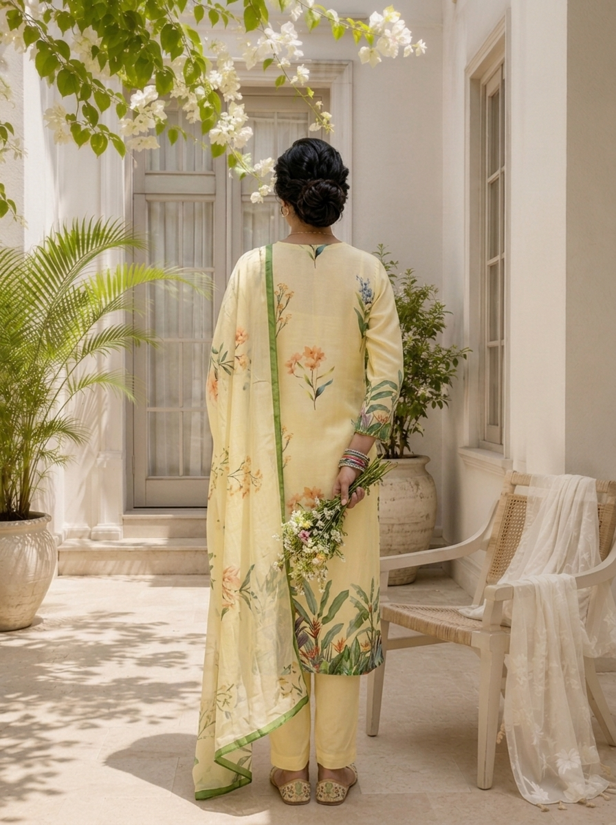 Cream Linen Botanical Printed Three Piece Set