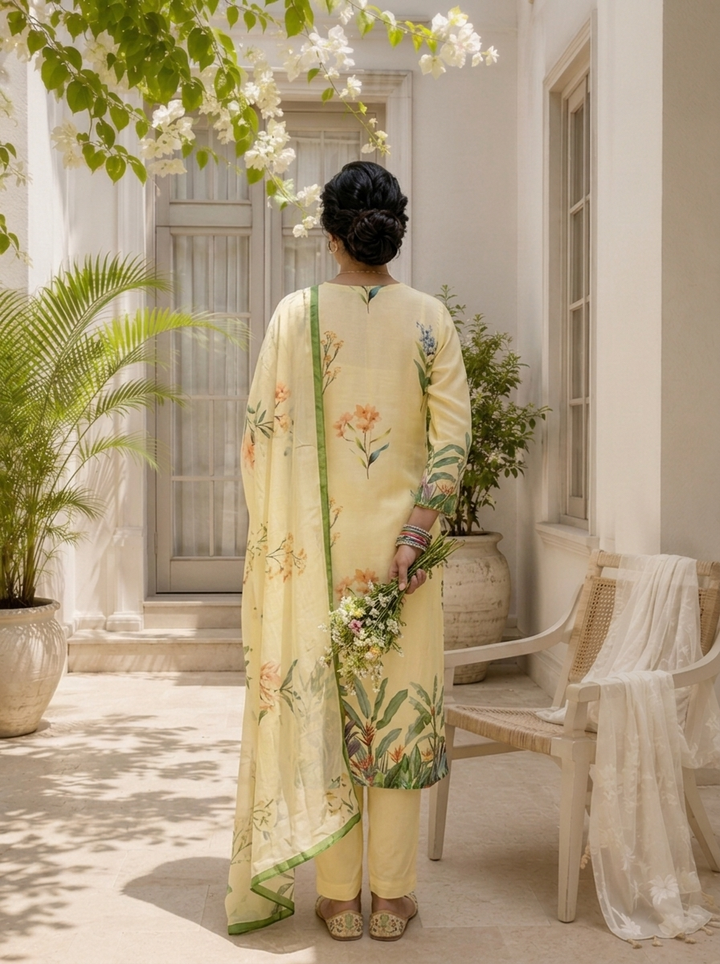 Cream Linen Botanical Printed Three Piece Set