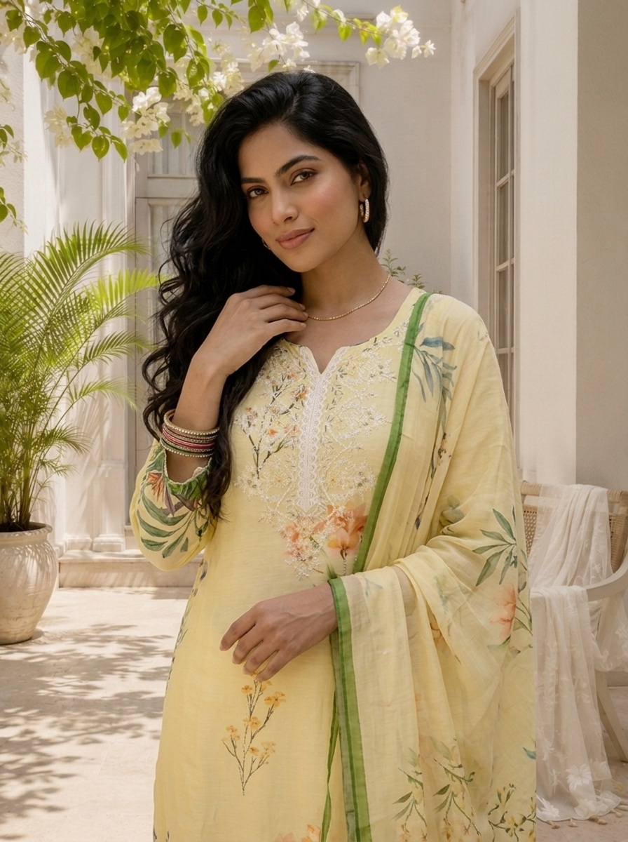 Cream Linen Botanical Printed Three Piece Set