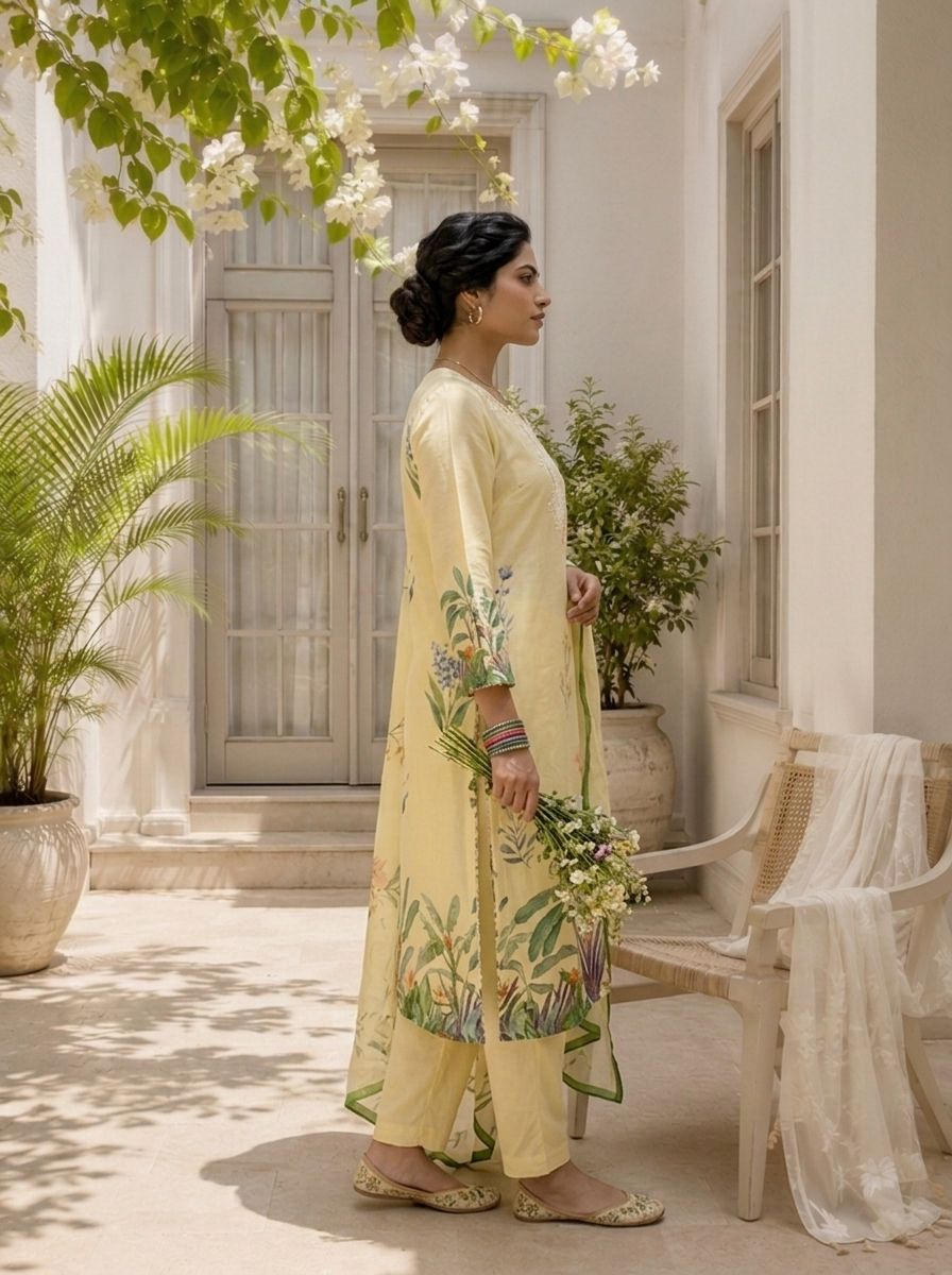 Cream Linen Botanical Printed Three Piece Set