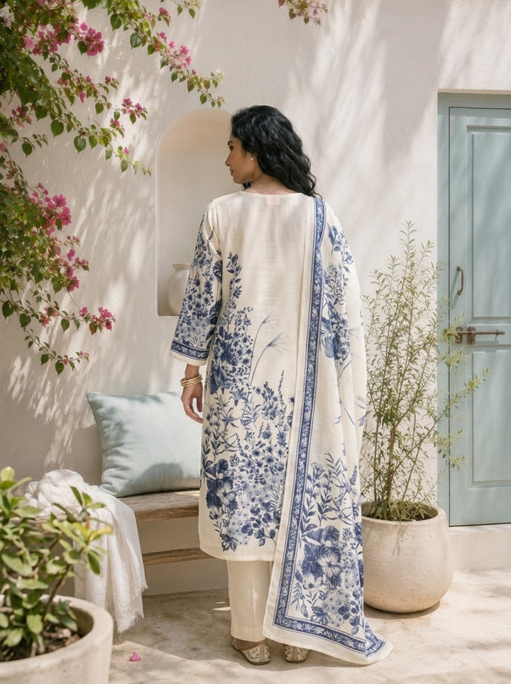 Cream Silk Chinoiserie Floral Printed Three Piece Set