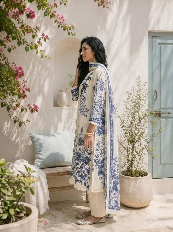 Cream Silk Chinoiserie Floral Printed Three Piece Set