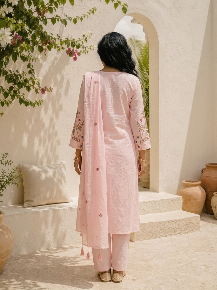 Baby Pink Cotton Diagonal Floral Vine Embroidered Three Piece Set