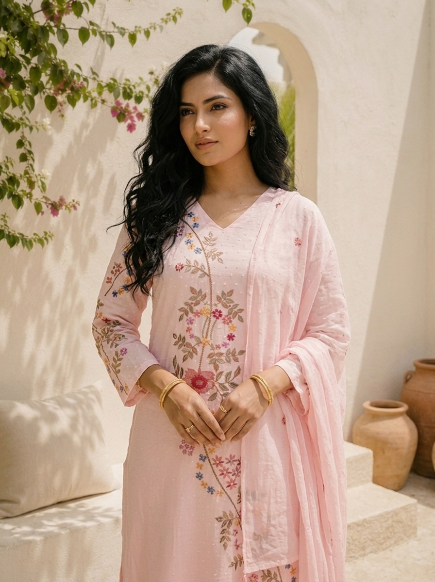 Baby Pink Cotton Diagonal Floral Vine Embroidered Three Piece Set