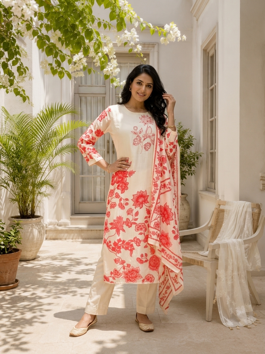 Cream Silk Floral Block Printed Three Piece Set