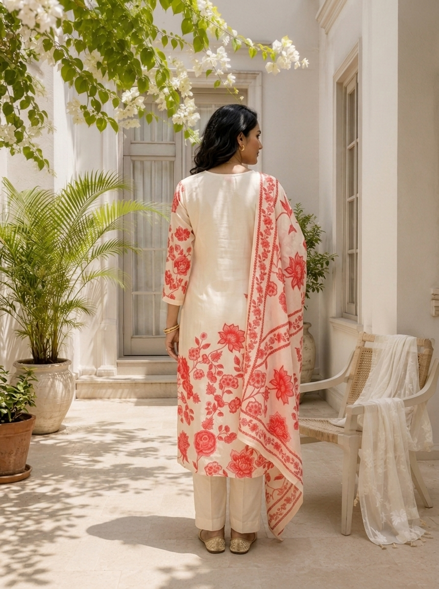 Cream Silk Floral Block Printed Three Piece Set