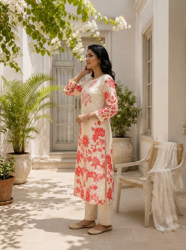 Cream Silk Floral Block Printed Three Piece Set