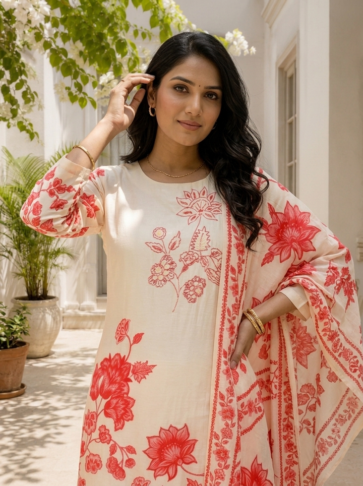 Cream Silk Floral Block Printed Three Piece Set